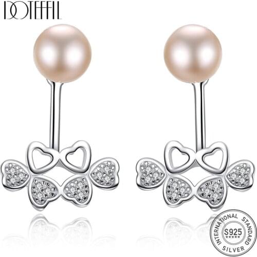 DOTEFFIL 8mm White/Pink/Purple Pearl 925 Sterling Silver Zircon Four-leaf Clover Earrings For Women Wedding Engagement Jewelry