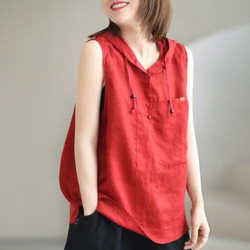 Johnature Women Cotton Linen Hooded T-shirts Sleeveless Pocket Solid Color Button Loose Clothing 2021 Summer New Casual T-shirts