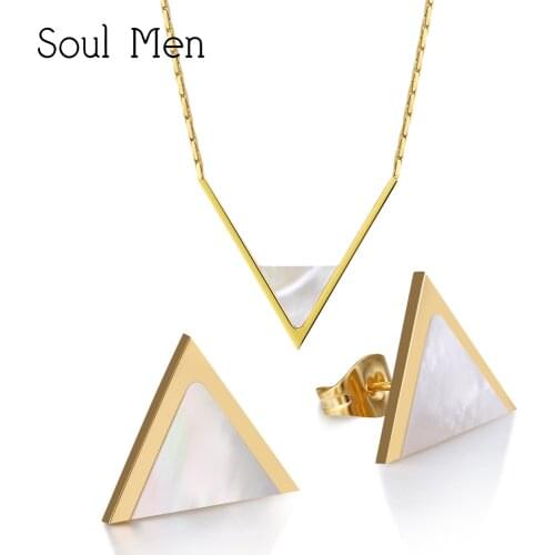 Triangle Shape Wedding Bridal Jewelry Sets Gold Color Stud Earrings & Necklace Pendant for Women Abalone Shell Luxury Gift