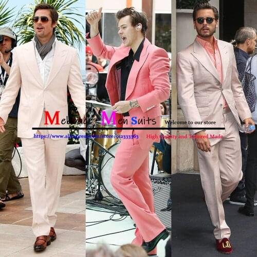 Fashion Pink Formal Business Blazer Classic Mens Casual Suits Vintage Wedding Groom Tuxedo 2 Piece Sets Costume (Jacket+Pants)