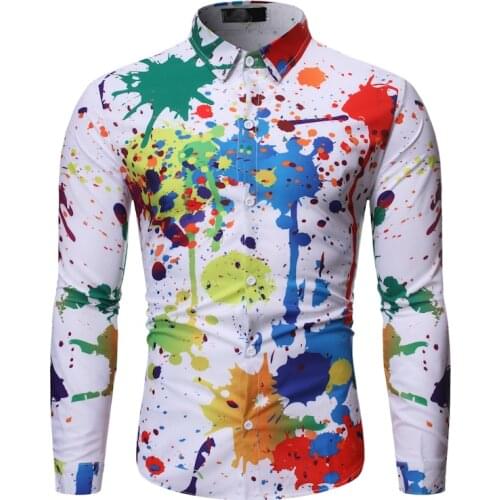 Plus Size Men Shirt Casual Colour Shirt Ink Splash Paint Color Slim Shirts Leisure Men Blouse long sleeve Shirt Spring Male Shir