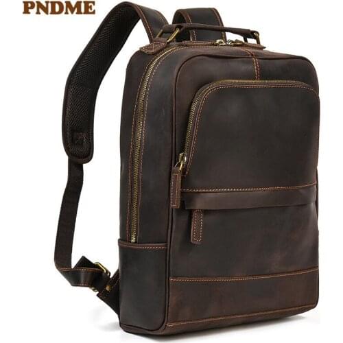 Vintage genuine leather large capacity mens backpack natural crazy horse cowhide travel bagpack first layer leather bookbag