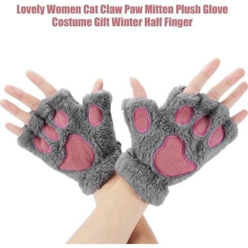 1 pair Women girls Warmth Fingerless Plush Gloves Fluffy Soft Warm stylish Cute Animal Paw Half Finger Covered Gloves for Girls