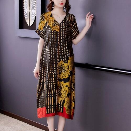 2021 Vintage 4XL Plus Size Loose Midi Dress Summer Print Mulberry Silk Satin Dress Women Elegant Bodycon Party Vestidos