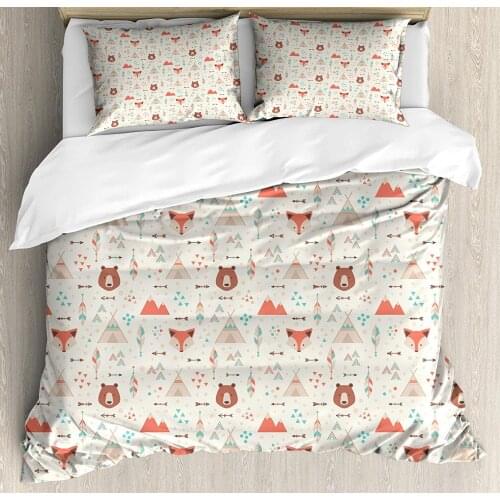 Tribal Duvet Cover Set Primitive Fox Arrows Bear Lodge Houses Feather Graphic Decorative 2 Piece Bedding Set with 1 Pillow Sham