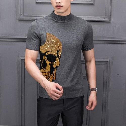 Featured Night Skull Slim Youth Mens T-Shirt Casual Popular Sweater Korea Hot Rhinestone Knit Short Sleeve