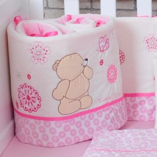 Pink Cartoon Baby Bedding Crib Bumper Safety Baby Kids Bedding Protection Bumper With Pink Bed Hanging Storage Bag Diaper Pocket
