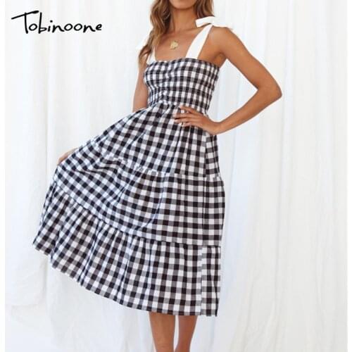 Tobinoone Plaid Printing 2021 Summer Long Dress Woman Bow Spaghetti Strap Backless Sexy Dresses Ladies Strapless Elegant Dress