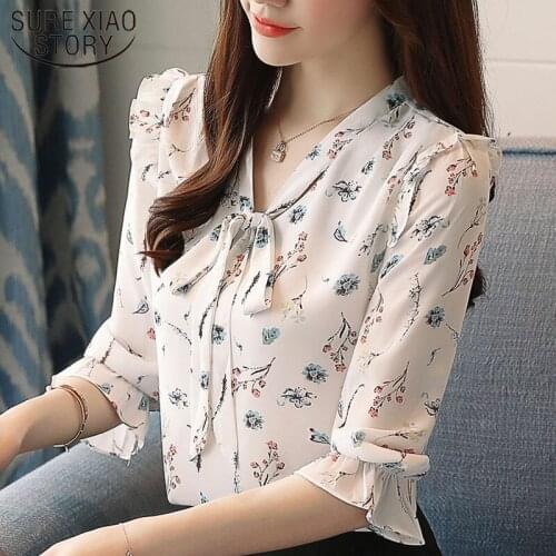 Plus Size Tops Chiffon Blouse Women Shirts Blusas Femininas Elegante Womens Tops and Blouses Flared Sleeve Floral Shirt 2890 50