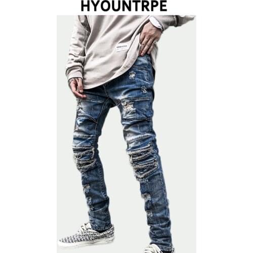 High Street Fashion Destroyed Ripped Holes Jeans Men Slim Fit Biker Jeans New Denim Blue Streetwear Hip Hop Zipper Pants Joggers