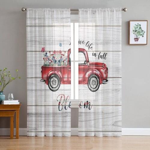 Spring Red Car Flower Wooden Texture Background Sheer Curtains for Living Room Modern Bedroom Voile Tulle Curtain Window Drapes