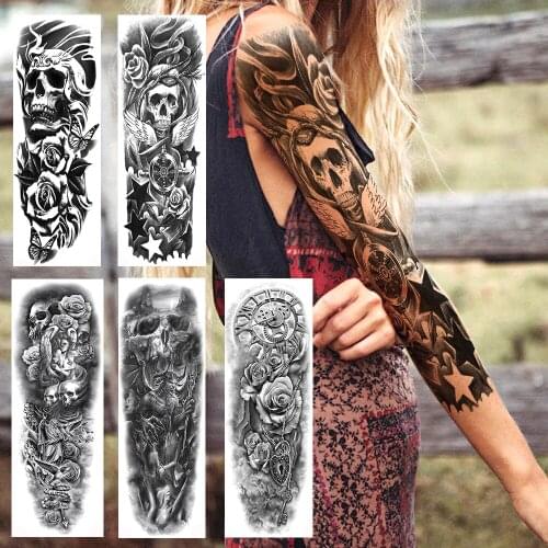 Death Skull Temporary Tattoos Realistic Fake Rose Peony Compass Sleeve Tatoo For Women Men Full Arm Black Tatoo Sticker For Club