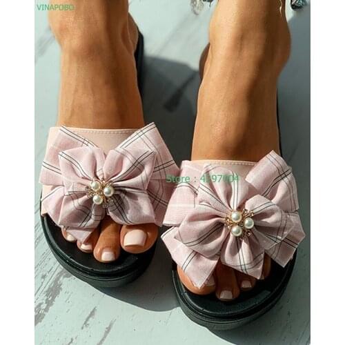 2021 new Fashion pink Girl Slippers Plaid Coarse Bowknot Home High Heel Platform Roman Women Slippers Kids Beach Shoes Leisure