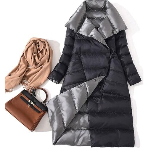 Women Double Sided Down Long Jacket Winter Turtleneck White Duck Down Coat Double Breasted Warm Parkas Snow Outwear