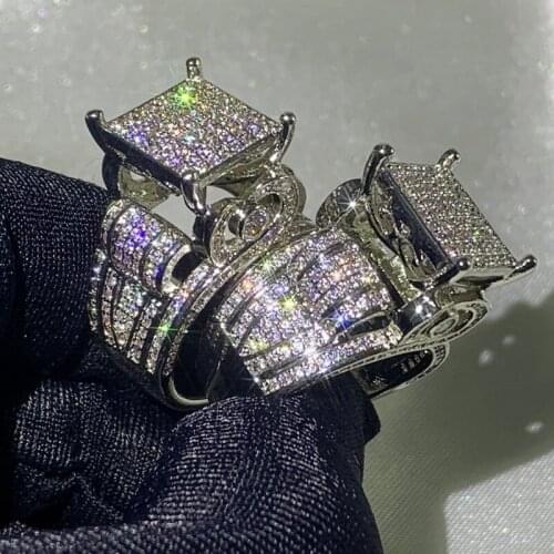 Sparkling NEW Top Sell Luxury Jewelry 925 Sterling Silver Full Pave White AAAAA Cubic Zircon Promise Women Wedding Band Ring Set