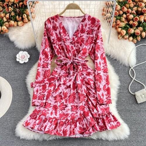 YornMona Women Autumn V Neck Chiffon Print Dress Holiday Fashion Flowers Wrap Dress Female Elegant Lace-up Short Party Vestidos