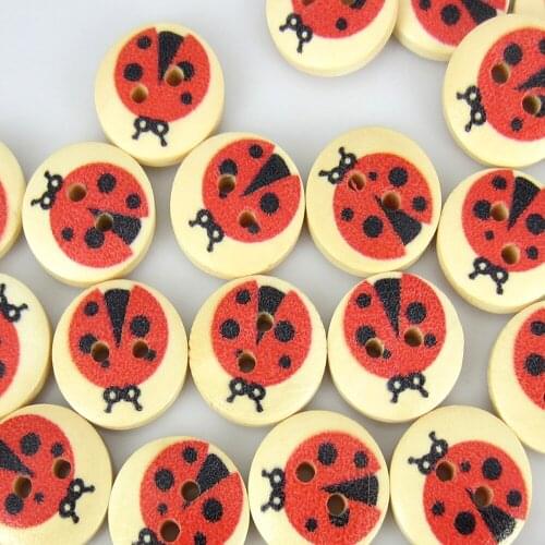100pcs 5/8" 2-Hole Painting Ladybug Wooden Buttons Clothing Sewing Craft Scrapbook Decoration Accessories 15mm buttons