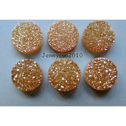 14mm Topas AB (No Hole) Druzy Quartz Ag-ate Flat Back Connector Round Cabochon Beads Jewelry 10 Pcs /Pack