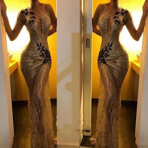 2019 Sexy African Mermaid Prom Dresses gold sequined Evening party Wear lace appliques sexy see through special occasion Gown
