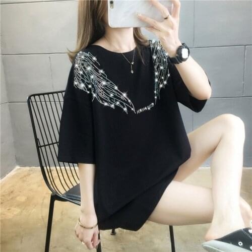 #4266 Black White Long T Shirt Women With Diamonds Casual T Shirt Short Sleeves O Neck Cotton Tee Shirt Femme Summer T Shirt