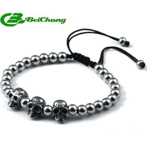 Beichong Anil Arjandas Hand Woven Silver Stainless Steel Skull 6MM Bead Briading Adjustable Bracelet Jewelry