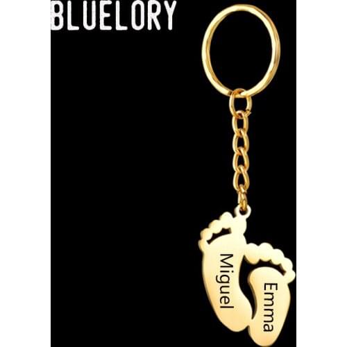 Bluelory Custom Engraved Names Footprint Keychains Good Quality Stainless Steel Personalized Keyring For Women Men Gifts