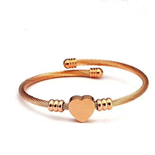 Rose Gold Brushed Stainless Steel Heart Beads Charm Bracelets Men Women Fashion Jewelry Cuff Open Bracelets & Bangles