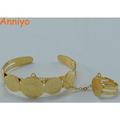 Anniyo Baby Coin Bracelet With Free Size Ring Gold Color Arab Coin Bangle for Kids Children Jewelry Middle Eastern Gifts #002606