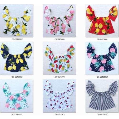 Off shoulder lemon Baby Girls Frills Flare Sleeve Pullover Shirt Party Clothes Cowboy Cotton Baby Girl Flutter Sleeve Baby Tops