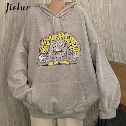 Jielur Thin Cartoon Hoodie Women Apricot Grey Sweatshirt 2021 Autumn Street Leisure Cute Top Female Pullover Girls Pocket M-XL