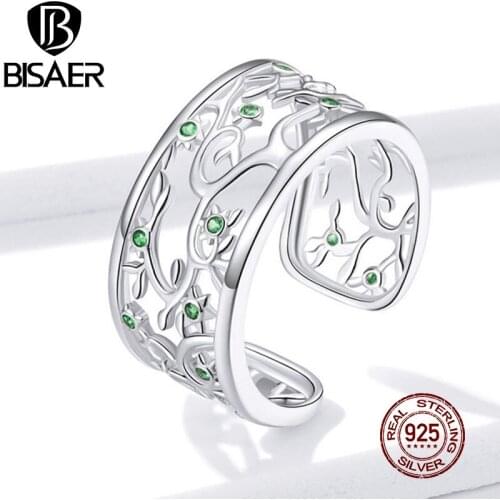 BISAER Tree of Life Big Ring 925 Sterling Silver Adjustable Green Zircon Finger Rings For Women Original Jewelry 2020 EFR125