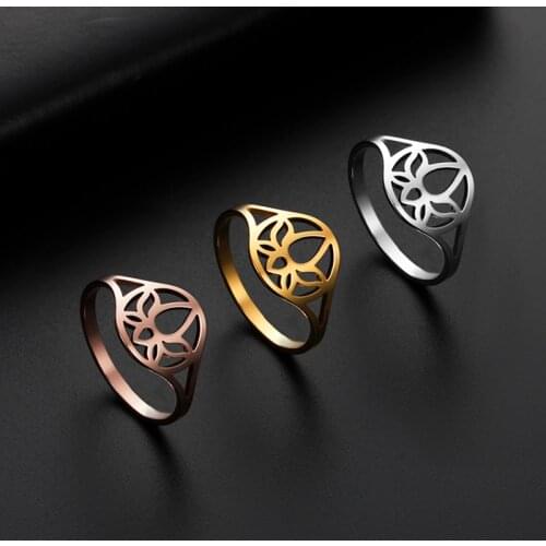 Skyrim Women Lotus Flower Finger Rings Stainless Steel Gold Color Casual Ring Anniversary Jewelry Birthday Gift for Lover Friend