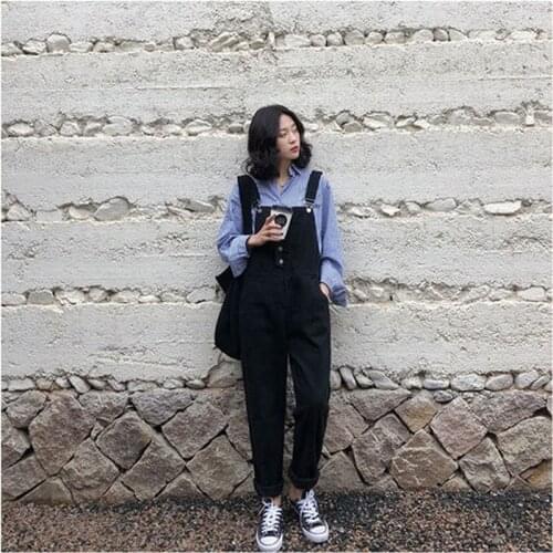 Jumpsuits Women Ankle-length Denim Single-breasted Black Streetwear BF Korean Style Female Jumpsuit Trousers Simple All-match