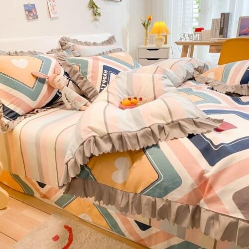 Nordic Style Bedding Set, Pure Cotton Bed Four-piece Set Plant Printing Lotus Leaf Lace Set Small Floral Quilt Cover Bed Linen