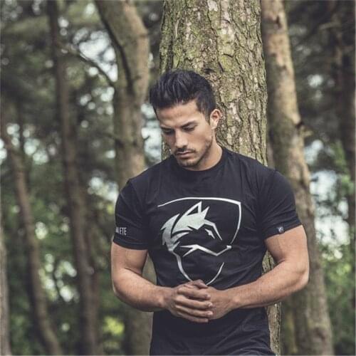 Summer New Mens Gyms Elastic Breathable Running T shirt Fitness Bodybuilding Fashion Male Short Cotton Clothing Tee Tops
