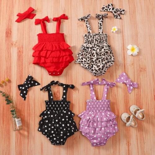 OPPERIAYA 2Pc Baby Girl Summer Outfit Smocked Tie-up Layered Leopard Polka Dot Print Solid Color Boat Neck Bodysuit Bow Headband