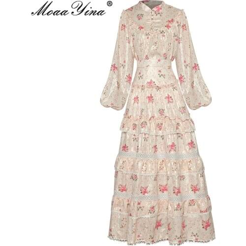 MoaaYina Designer Autumn New Vacation Floral Skirts Set Womens Lantern sleeve Tops and Vacation Midi Skirts 2 Pieces Suit