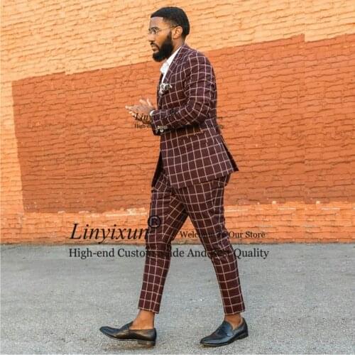 Burgundy Glen Plaid Two Pieces Wedding Tuxedos Notched Lapel Slim Fit Prom Suits Mens Business Clothes Costume Homme