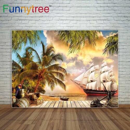 Pirate backdrop ship wooden floor treasure rope coconut tree sky sea decorations for home for the photo