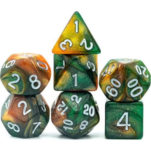 Poludie 7Pcs/Set Orange Green DND Dice Sets D4 D6 D8 D10 D% D12 D20 Starlight Polyhedral Dice for Role Playing Game D&D RPG MTG