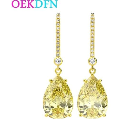OEKDFN Real 925 Sterling Silver Earrings Citrine Gemstone Drop Dangle Diamonds Yellow Gold Anniversary Earrings Fine Jewelry