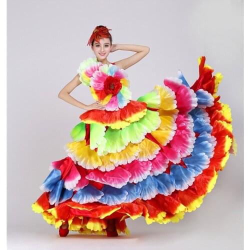 Spanish Flowers Dance Costume Flamenco Dance Dress Big Swing Performance Dress Female Opening Stage Flower Petal Skirt
