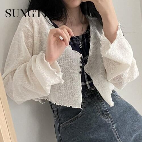 Sungtin Ruffles Cropped Knitted Cardigan Women Chic Button Up Korean Fashion Thin Sweet Knitted Cardigan Black Short Coat Summer