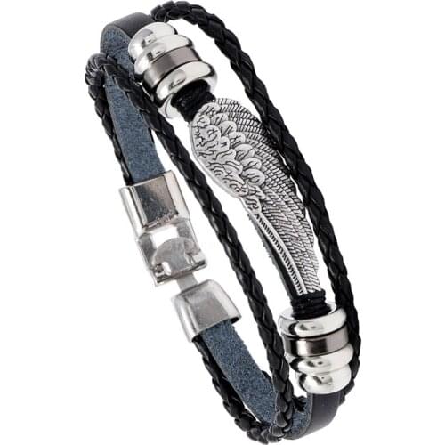 Vintage Multilayer Wings Feathers Leather Bracelet For Men Handmade Weave Rope Charm Wristband Jewelry Accessories Gift