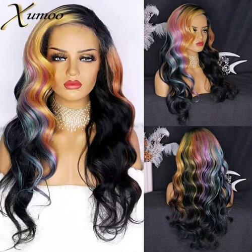 XUMOO Rainbow Colorful Brazilian Virgin Human Hair Cuticle Aligned Body Wave 13x4 Lace Front Wigs With Baby Hair For Cosplay