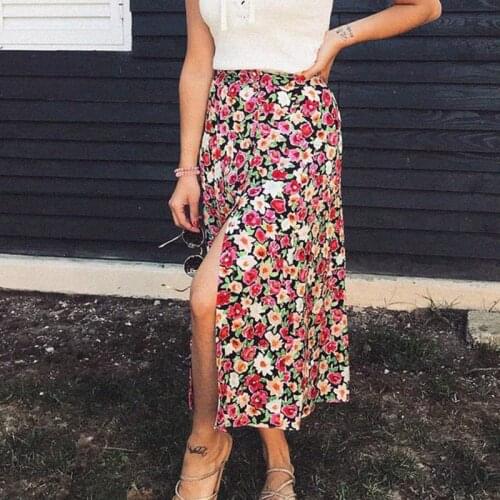 Chic Floral Midi Skirt Women Summer High Waist Front Button Line Casual Skirts 2021 Printed Vintage Long Skirt