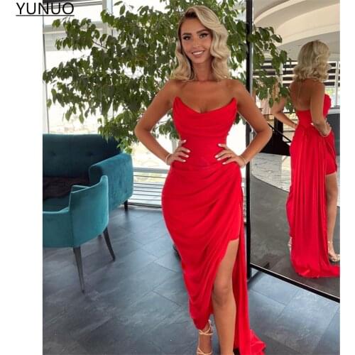 YUNUO Custom Red Satin Draped Evening Prom Dresses robes de soirée Sexy Backless Formal Party Gowns Side Slit vestidos de fiesta