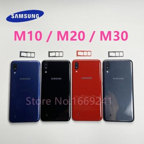 For SAMSUNG Galaxy M10 M20 M30 Back Battery Cover Rear Panel Door Housing Plastic With Camera Lens SIM Card Tray Replacement