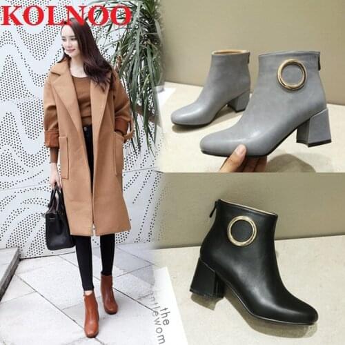 Kolnoo New Style Handmade Ladies Chunky Heels Short Boots Metal-Circle Party Prom Ankle Boots Daily Fashion Winter Shoes MLL1723