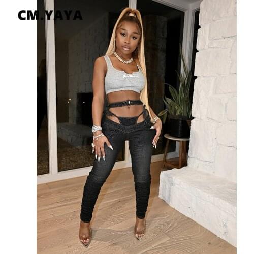 CM.YAYA Women Jeans Hollow Out Button Fly Skinny Denim Pants with Paties Sexy High Streetwear Fashion Trousers Autumn Bottoms